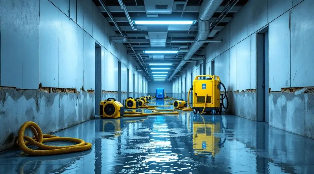 Restoration technicians operating industrial water extraction equipment in a Carlsbad commercial facility after a large-loss event.