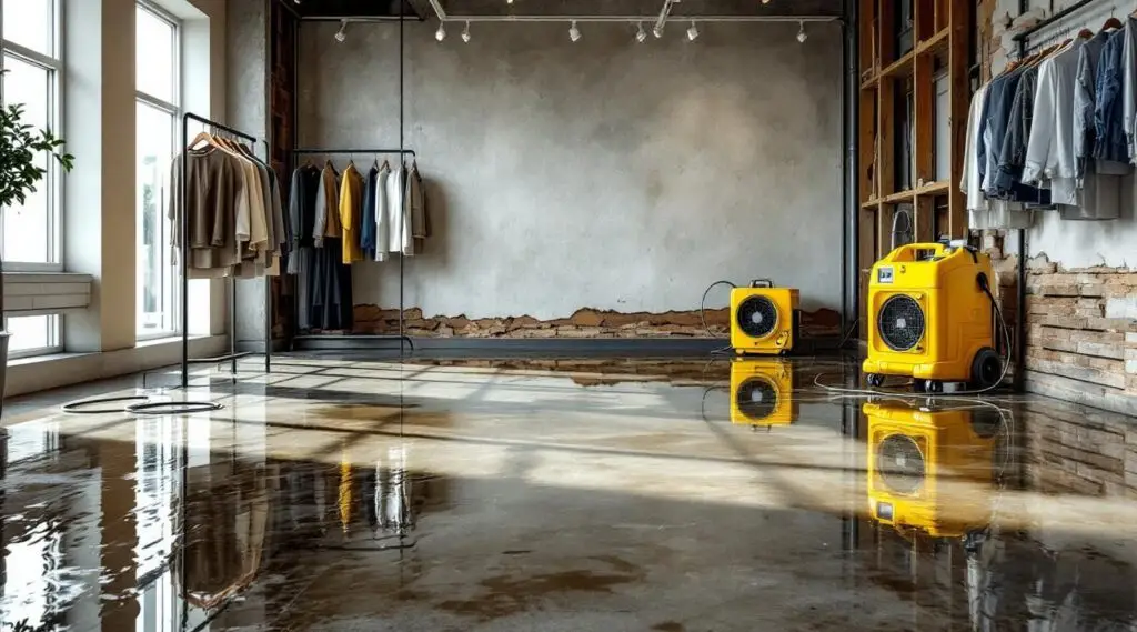 Professional restoration technicians using industrial water extractors on a flooded luxury retail showroom floor in Carlsbad.