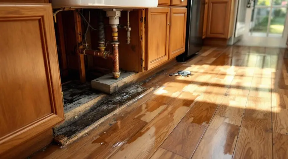 A professional restoration technician using a moisture meter on wooden kitchen cabinetry in a Carlsbad home.