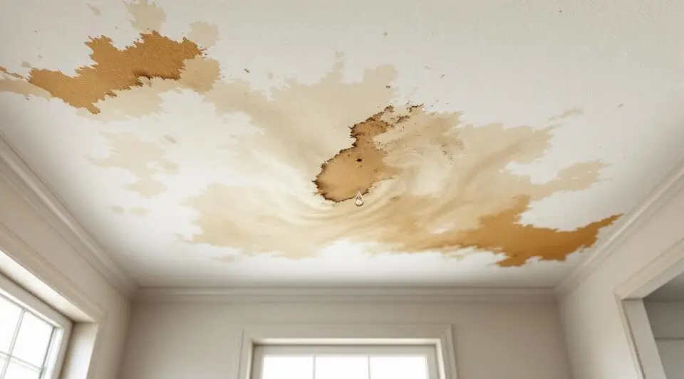 A restoration specialist using a thermal imaging camera to detect moisture behind a water-stained ceiling in a Carlsbad home.
