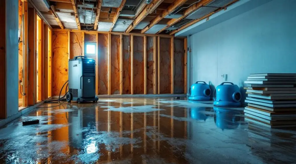 A professional technician using a high-powered water extractor in a Carlsbad living room after a sudden indoor flood.