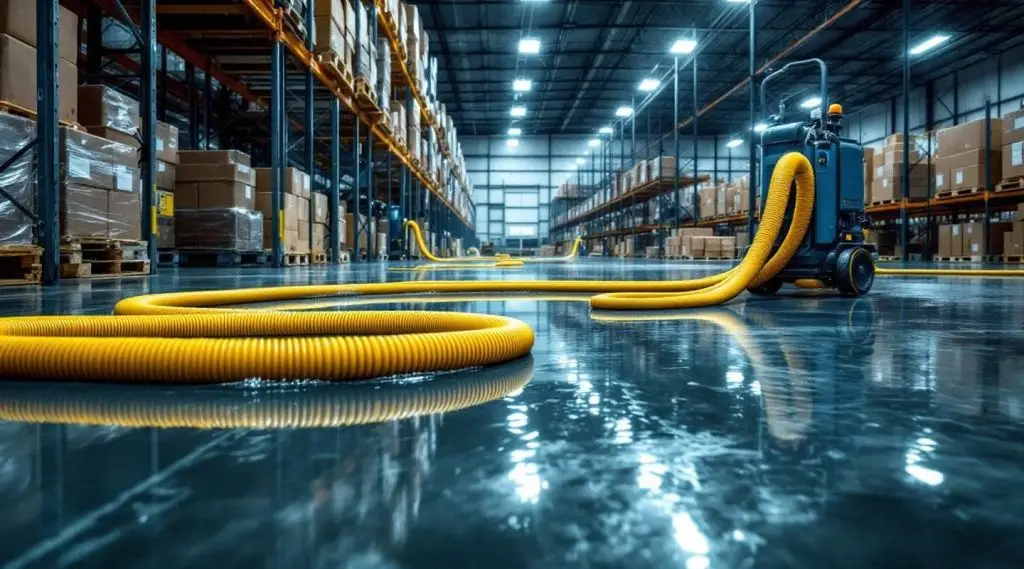 Commercial restoration crew using industrial truck-mounted extractors on a flooded warehouse floor in Carlsbad.