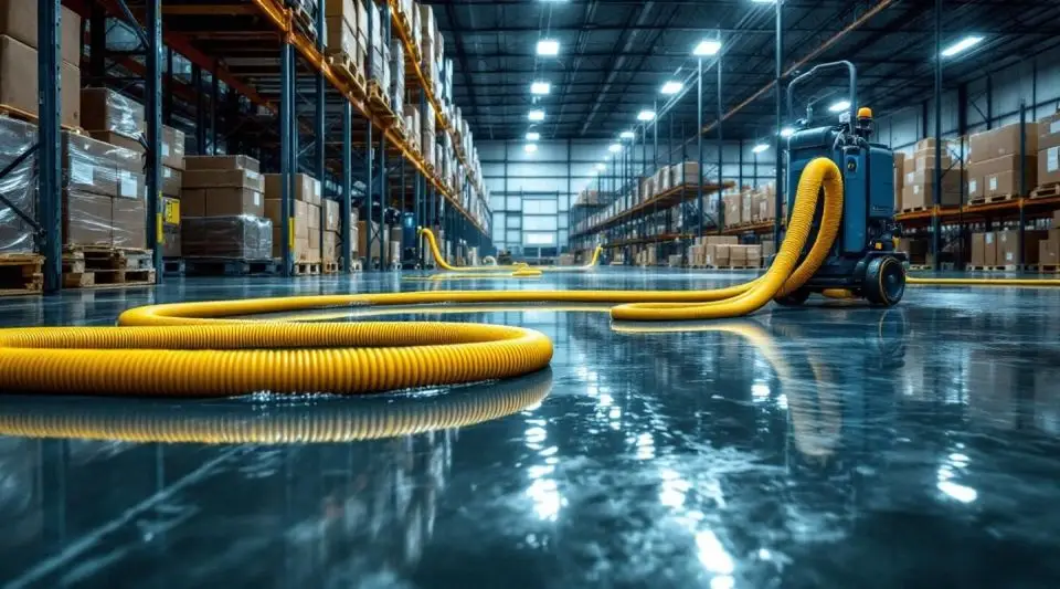 Commercial restoration crew using industrial truck-mounted extractors on a flooded warehouse floor in Carlsbad.