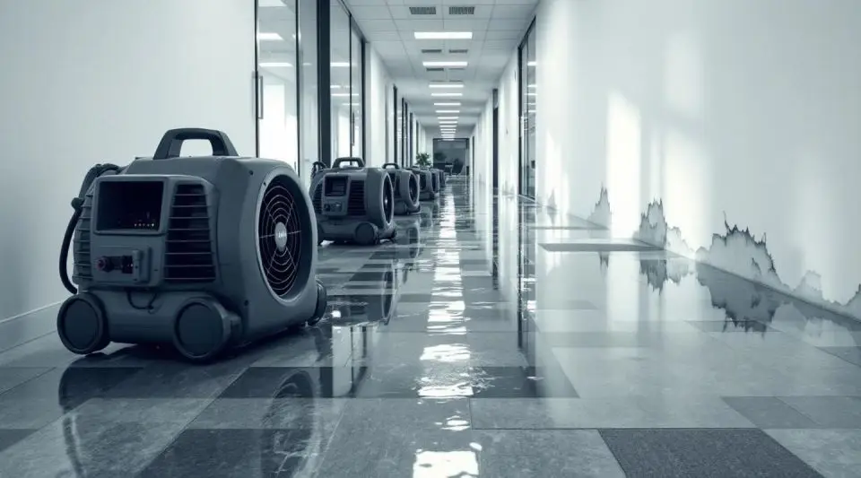 Professional water extraction team using industrial truck-mount vacuums in a flooded Carlsbad office lobby.