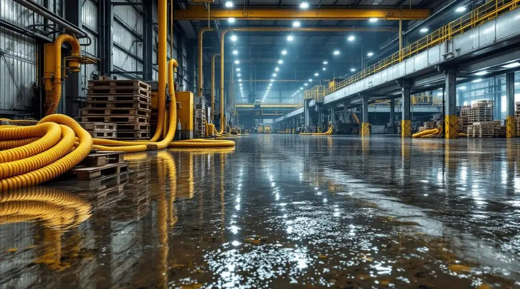 Professional restoration crew using heavy-duty water extraction equipment on a flooded warehouse floor in Carlsbad.