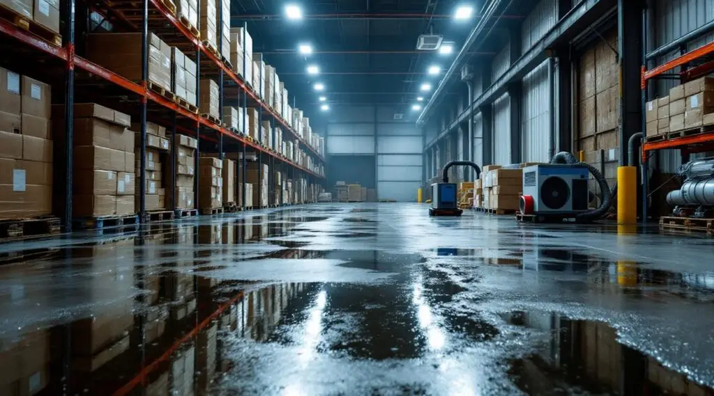 Restoration technicians using industrial water extractors on a flooded warehouse floor in Carlsbad.
