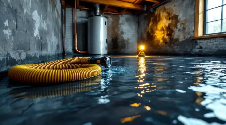 Assistance Restoration technician in safety gear using industrial water extraction vacuum on a flooded Carlsbad home floor.
