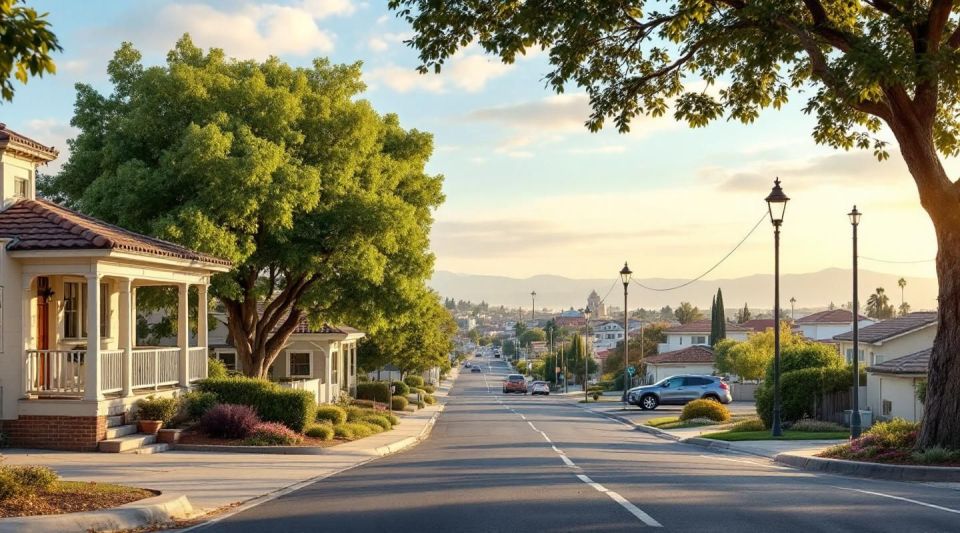 A white restoration response vehicle parked on a residential street in Escondido near Kit Carson Park, with Mediterranean-style homes and hills in the background.