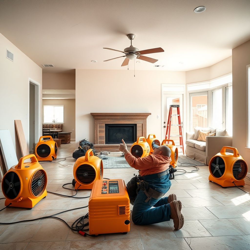 High-end structural drying equipment and air movers strategically placed in a Del Mar living room with ocean views.