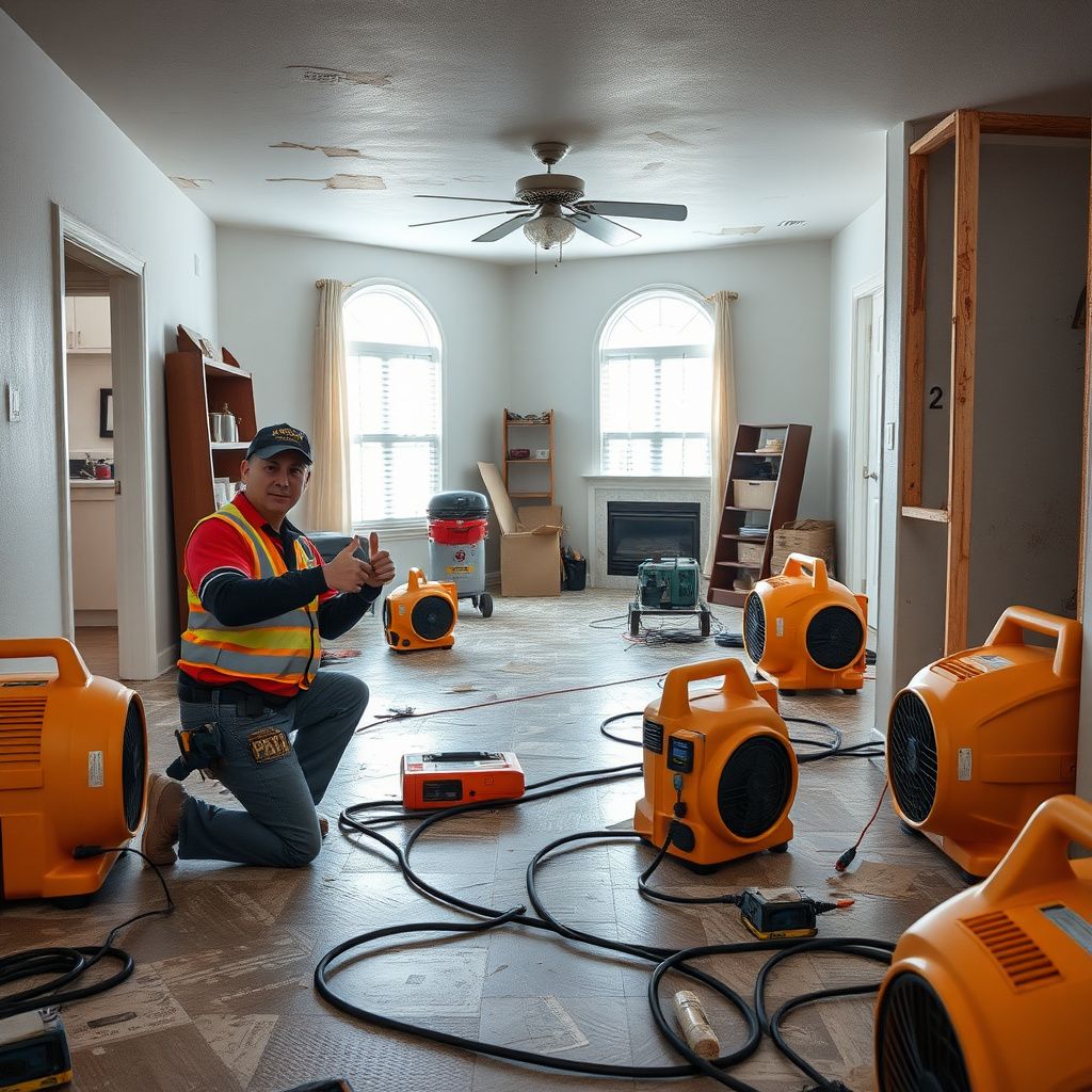 High-capacity dehumidifiers and air movers professionally staged in a Vista living room to dry out hardwood floors after a pipe burst.