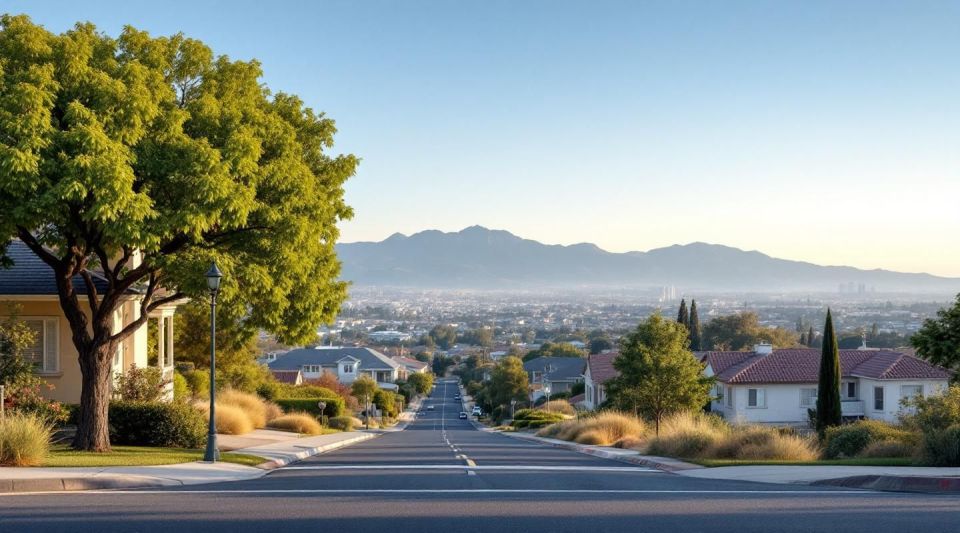 A professional restoration van parked on a residential street in Poway with the Twin Peaks hills visible in the background.