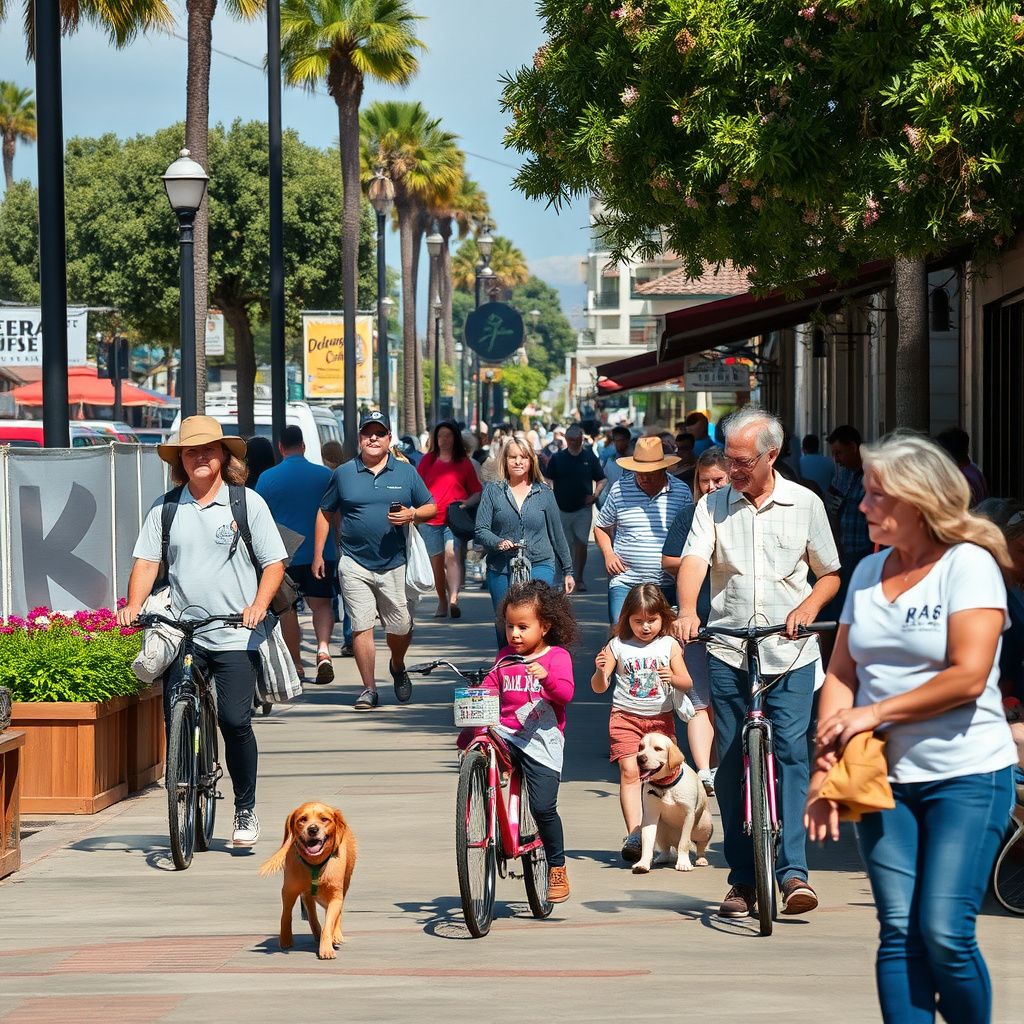 The historic Tudor-style architecture of the Del Mar Village with the Pacific Ocean visible in the distance.