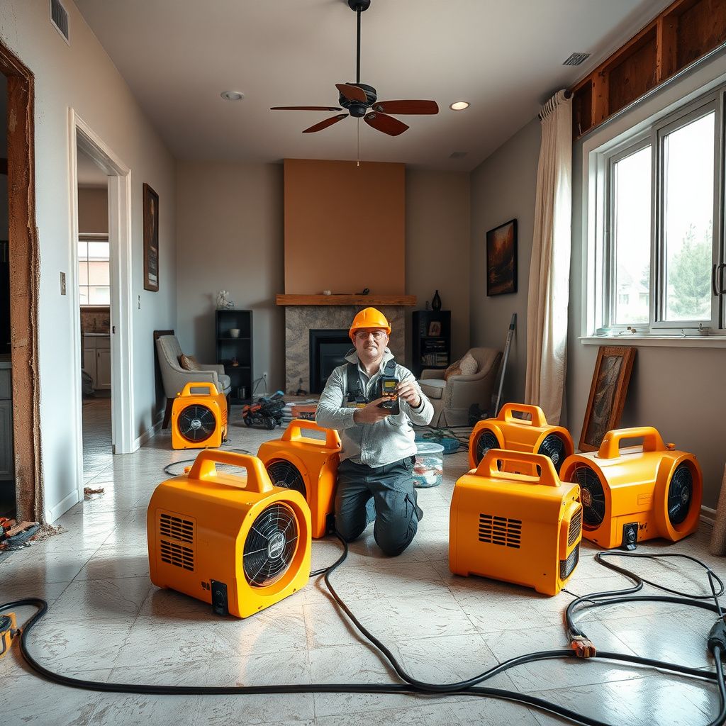 An IICRC-certified technician in professional uniform inspecting a stucco wall with a moisture meter in an older Escondido neighborhood.