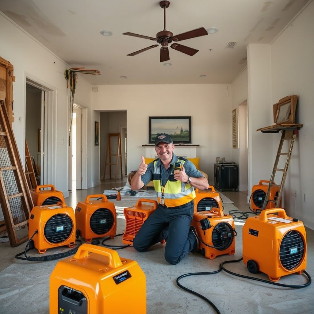Industrial dehumidifiers and air movers strategically placed to dry a hardwood floor in a Rancho Del Oro home.