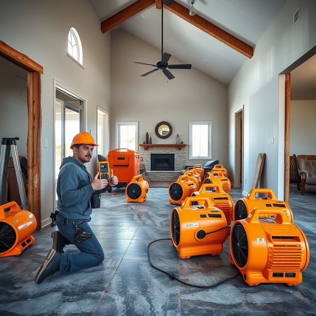 Close-up of a high-capacity dehumidifier and air movers placed strategically in a flooded Fallbrook living room.