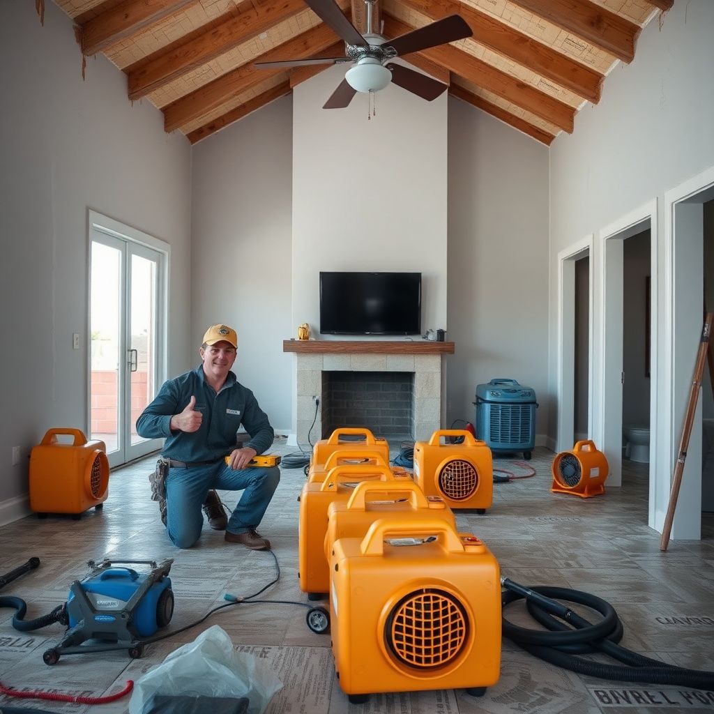 A clean, organized restoration setup inside a Carlsbad home, featuring industrial dehumidifiers and clear safety signage.