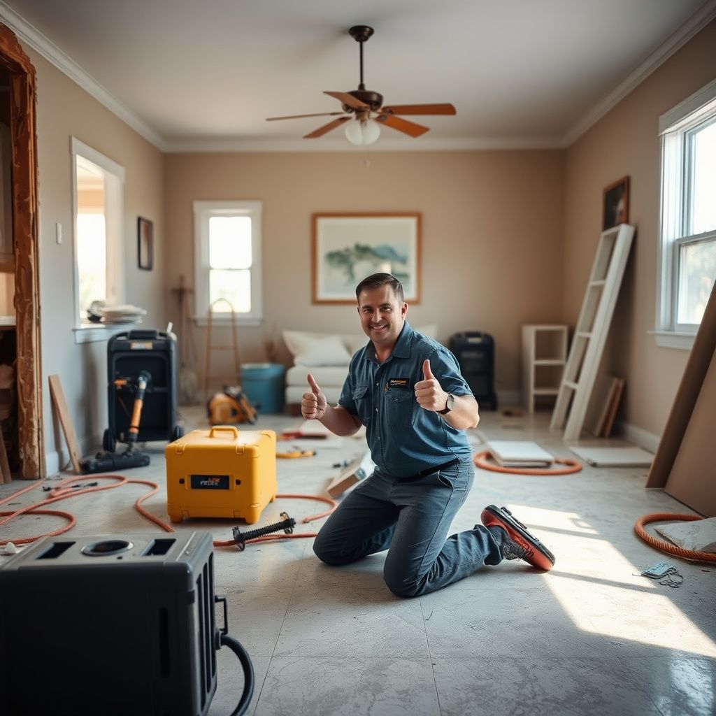 A technician using a moisture probe to check the saturation levels of a hardwood floor in a Cardiff-by-the-Sea home.