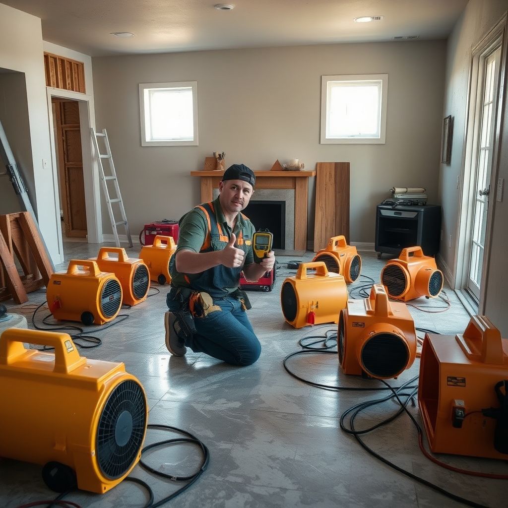 A close-up of a high-velocity air mover drying a hardwood floor in a Valley Center living room.