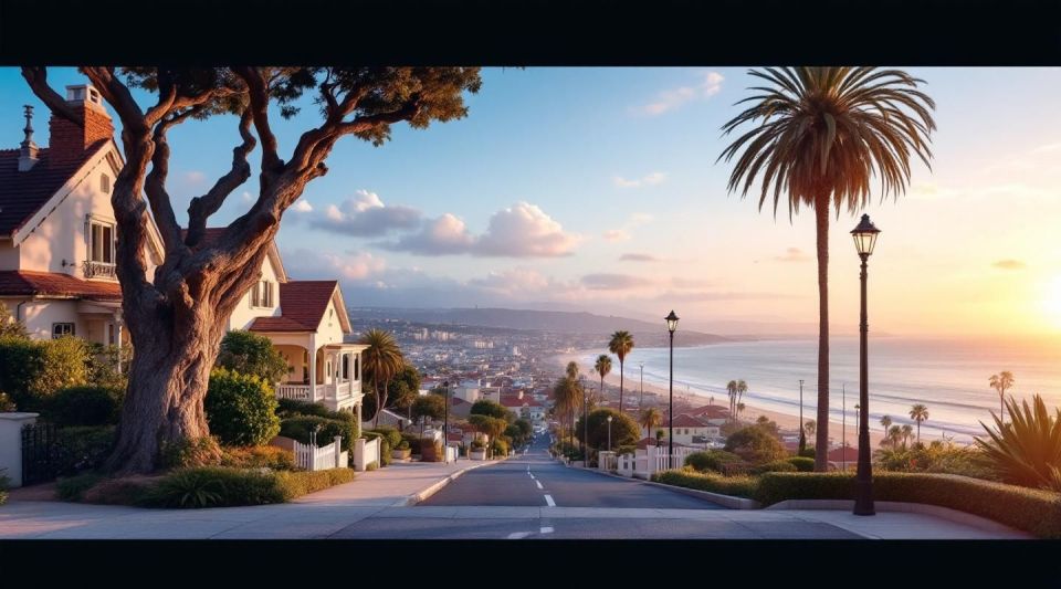 A photoreal view of an Encinitas residential street near the coast at dusk, with a restoration van parked discreetly.