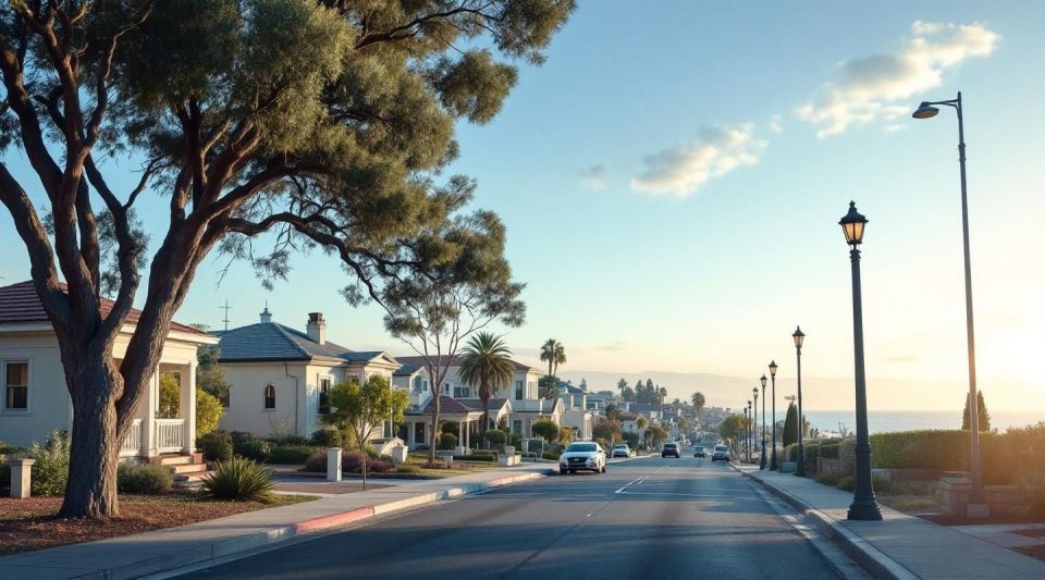 A professional restoration vehicle parked on a quiet Carlsbad residential street near the coast at sunrise.